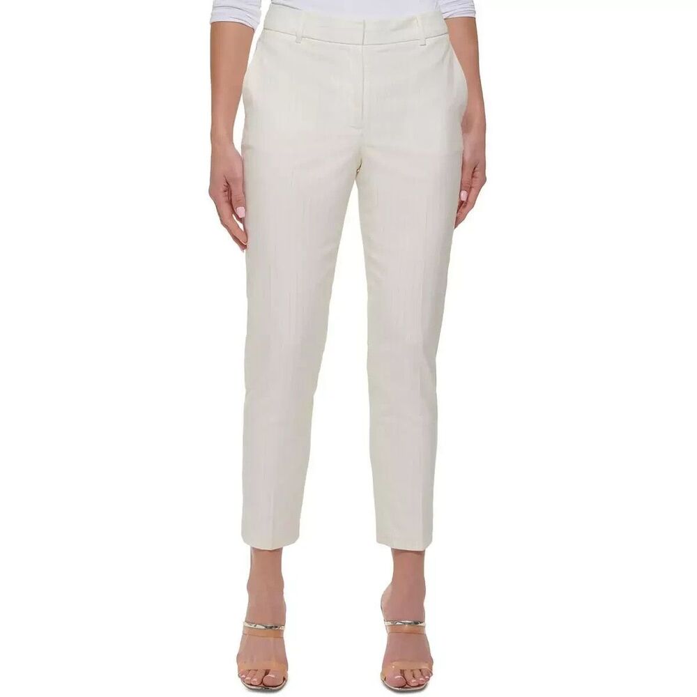 DKNY Women's Pants Formal Work  Ankle-Cropped Pants Pinstriped White Sand 14